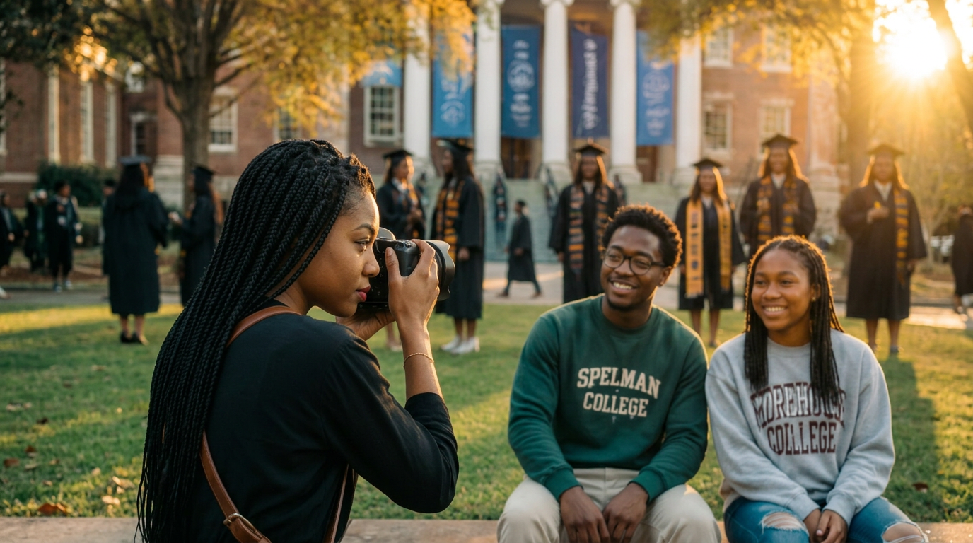 Students walking across a university campus at golden hour